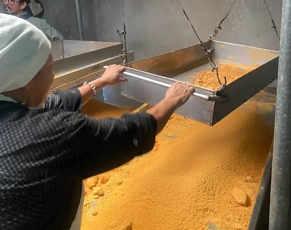 in großen Sieben wird die Panela von Hand gesiebt